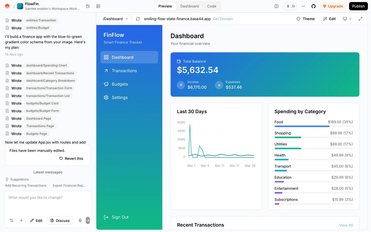 Base44 — Builder — chat and live preview