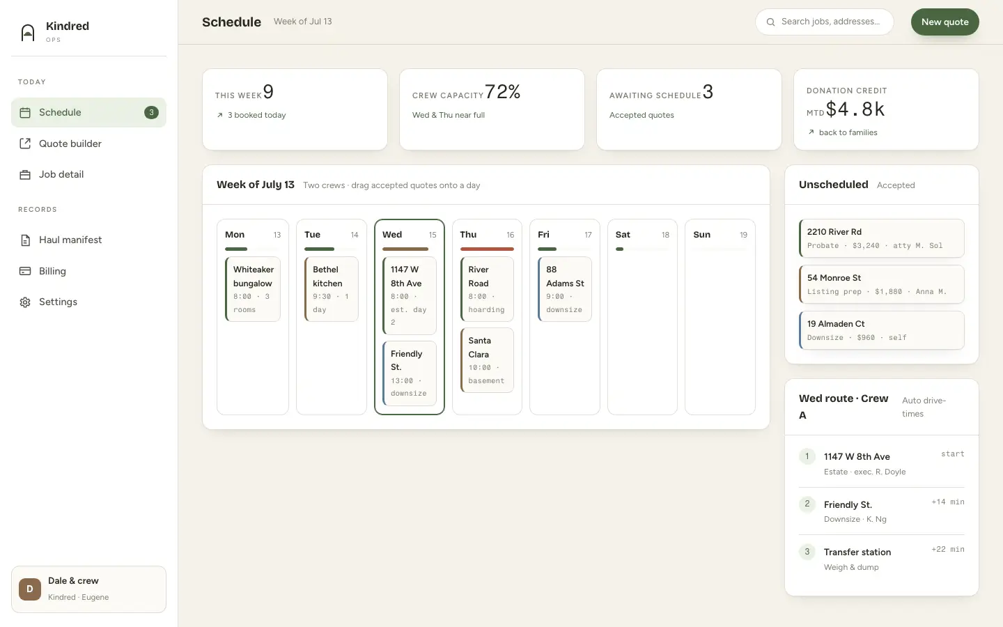 Kindred Cleanouts — Dashboard (design)