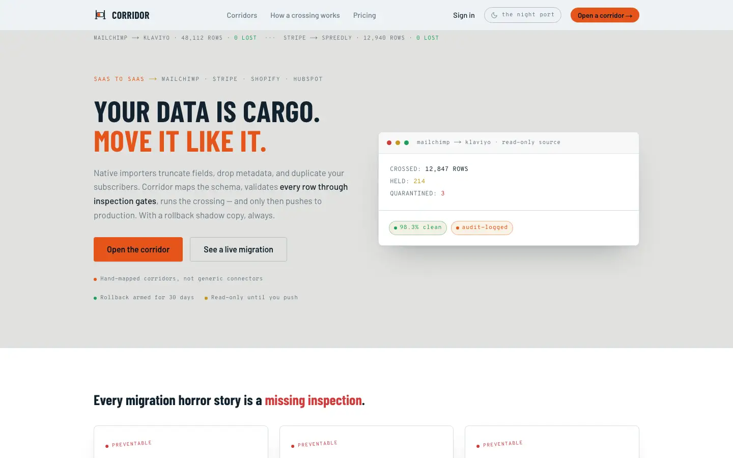 Corridor — Landing page
