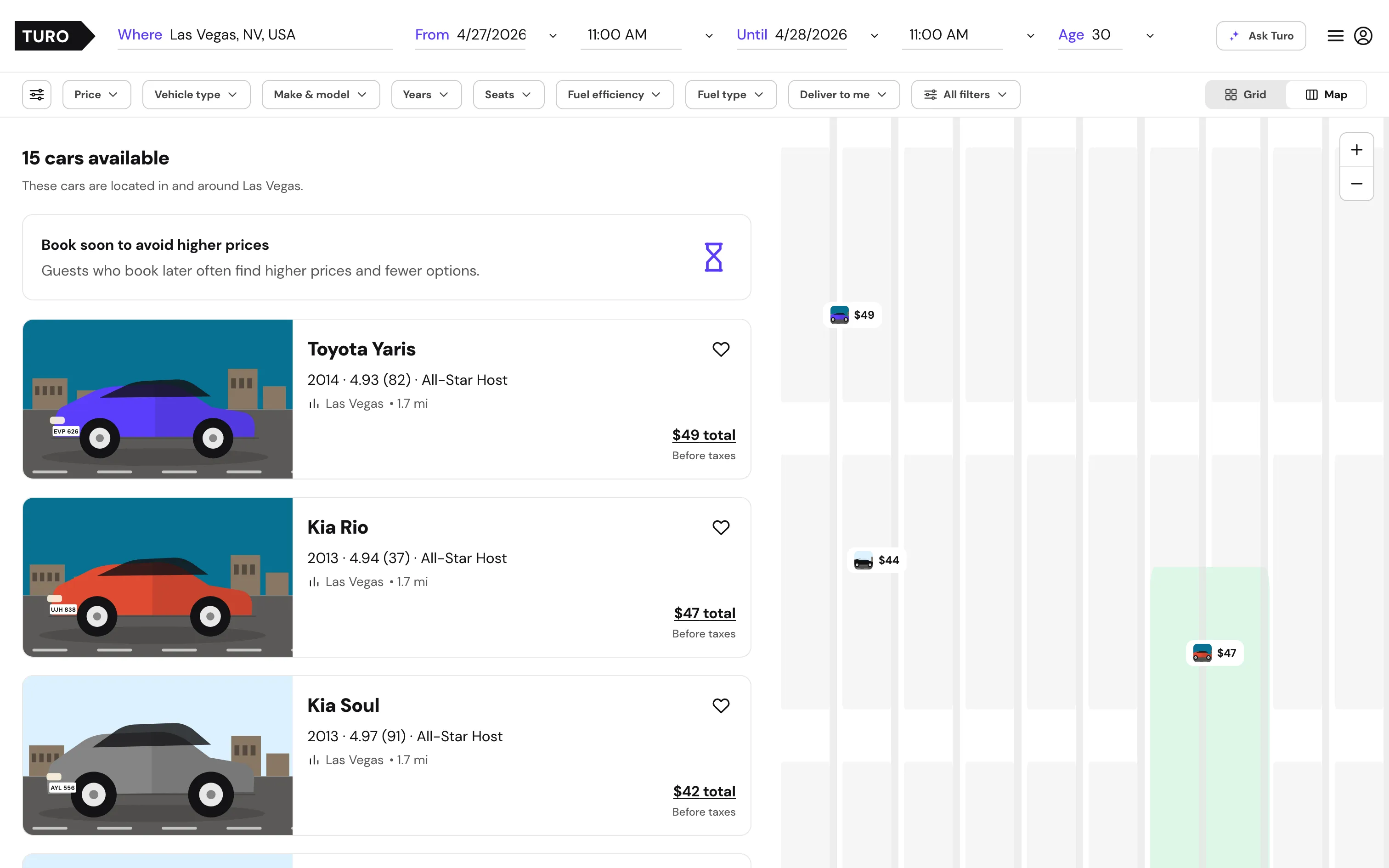 Turo — Search — the car list and its map of price pins